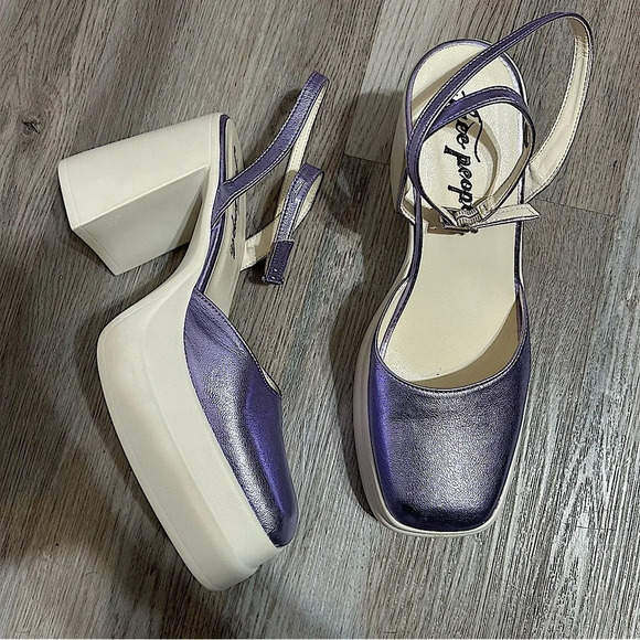 Free People Double Stacked Platform Mary Jane Purple metallic Leather Heels NEW‌ - Picture 1 of 7